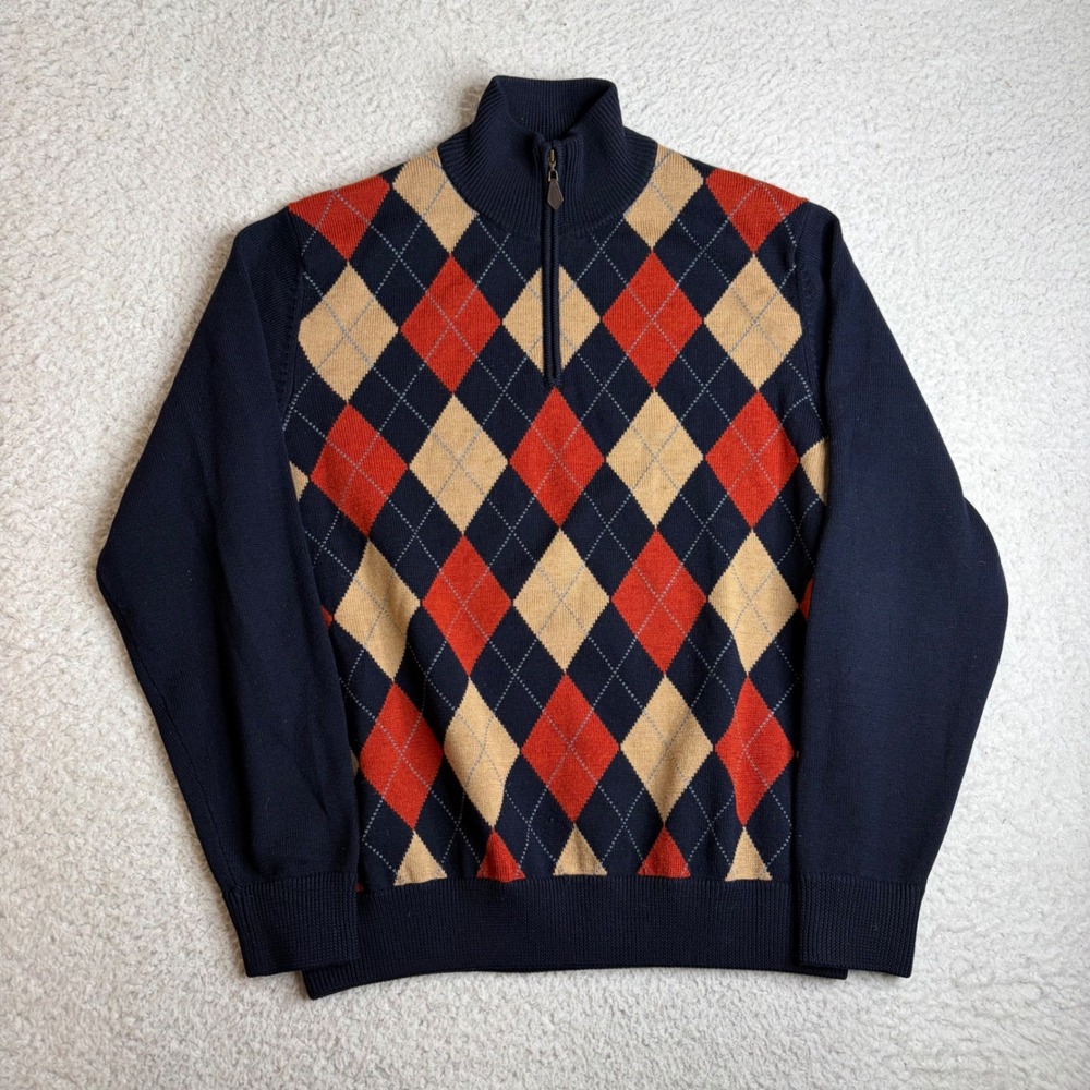 Brooks Brothers 346 Mens Argyle Quarter Zip Merino Wool Sweater Navy Red Tan M